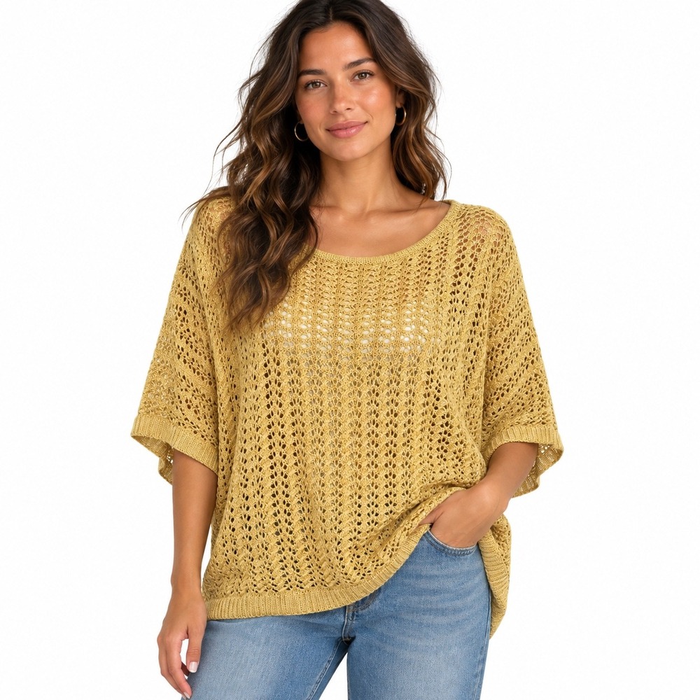 Marled Womens Sweater Top Gold Open Knit Pointelle Short Sleeve Boho L